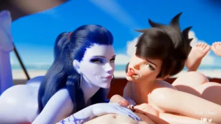 Overwatch Widowmaker & Tracer Suck & Fuck Cock on Beach Day (Animation with Sound)