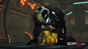 Alien sex in a starship. Female green alien gets fucked by a big monster